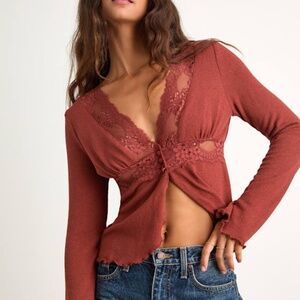 Lulus Jordy Rust Red Lace Long Sleeve Sweater Top - Size M